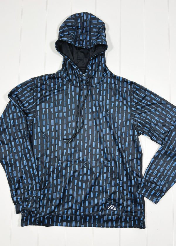 Blue and black patterned hoodie on a white background