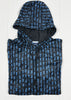 Black and blue patterned hooded poncho on a white background