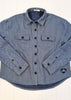 Blue flannel shirt with black buttons on a white background