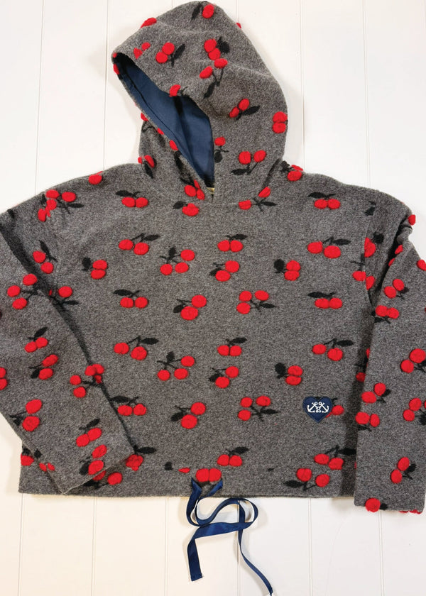 Gray hoodie with red cherry pattern on a white background