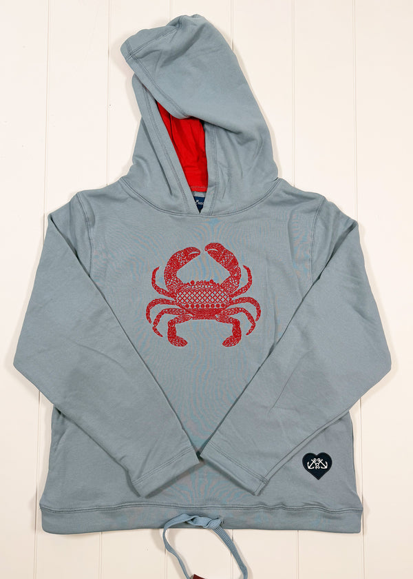 Gray hoodie with red crab design on a white background