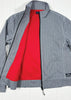 Gray jacket with red lining on a white background