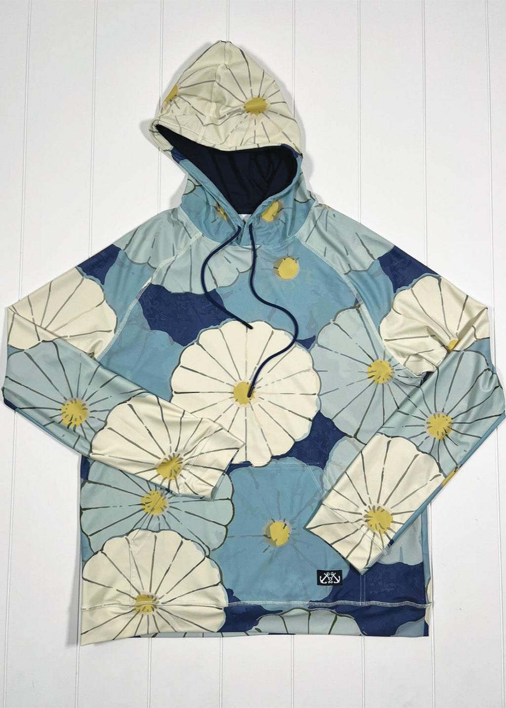 Floral patterned jacket with blue and white flowers on a white background