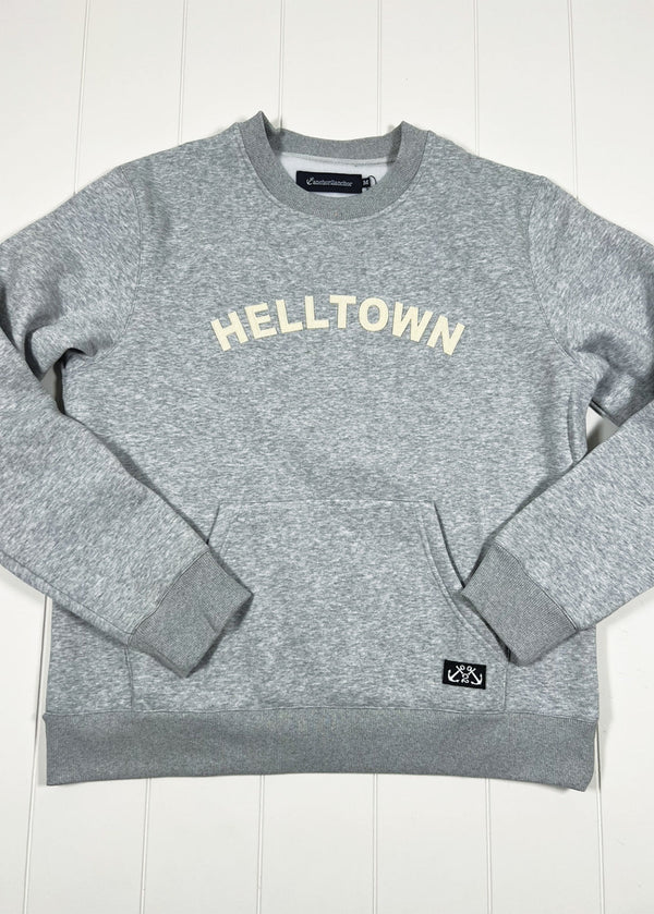 Gray sweatshirt with 'HELLTOWN' text on a white background