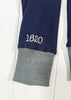 Navy blue sweatshirt with gray cuffs and '1620' embroidery on a white background
