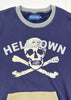 Blue shirt with skull and crossbones design and 'HELLOW' text on a white background