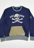 Navy blue sweatshirt with skull design and text on a white background