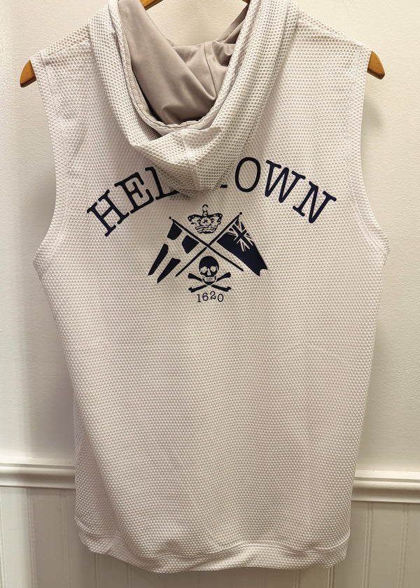 A sleeveless white mesh hooded tank top hanging on a wooden hanger against a white paneled wall. The front features a dark navy graphic with the text 'HELL OR LOWN' and a pirate flag design with '1640' written below.