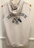 A sleeveless white mesh hooded tank top hanging on a wooden hanger against a white paneled wall. The front features a dark navy graphic with the text 'HELL OR LOWN' and a pirate flag design with '1640' written below.