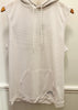 A sleeveless white mesh hooded top with drawstrings and a front kangaroo pocket, hanging on wooden hangers against a white paneled wall.