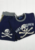 Navy blue sweatshirt with skull and crossbones design and 'HELLDOW' text on a white background