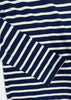 Navy and white striped fabric with geometric pattern