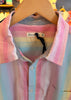 Colorful striped shirt on a hanger with a visible brand tag.