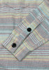 Close-up of a plaid fabric with two black buttons on a multicolored background