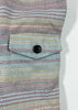 Close-up of a multicolored striped fabric with a button on a white background