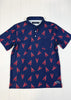 Navy blue polo shirt with red lobster pattern on a white background