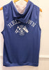 A blue sleeveless mesh hooded top hanging on a wooden hanger against a white paneled wall. The front has a white graphic reading 'HELL OWN' above crossed flags, a crown, and '1660' with a skull motif.