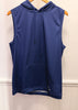 A sleeveless navy blue hooded athletic vest with a drawstring hood and front kangaroo pocket, hanging on a wooden hanger against a white paneled wall.