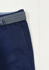 Navy pants with a woven belt on a white background