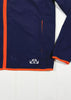 Navy jacket with orange trim and a logo on a white background