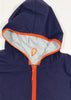 Navy blue jacket with orange zipper and trim on a white background