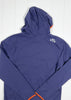 Blue hoodie with orange trim and a logo on a white background