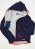 Navy blue and gray hoodie with orange accents on a white background