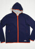 Navy blue hoodie with orange trim on a white background