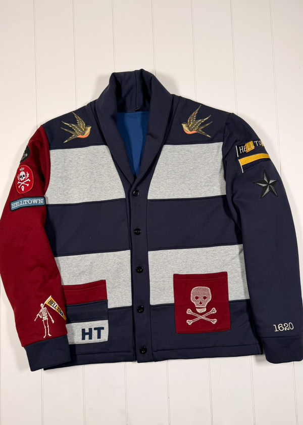 Multicolored jacket with patches on a white background