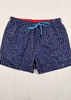 Blue patterned shorts with a red interior lining on a white background