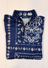 Navy blue shirt with white bandana pattern on a white background