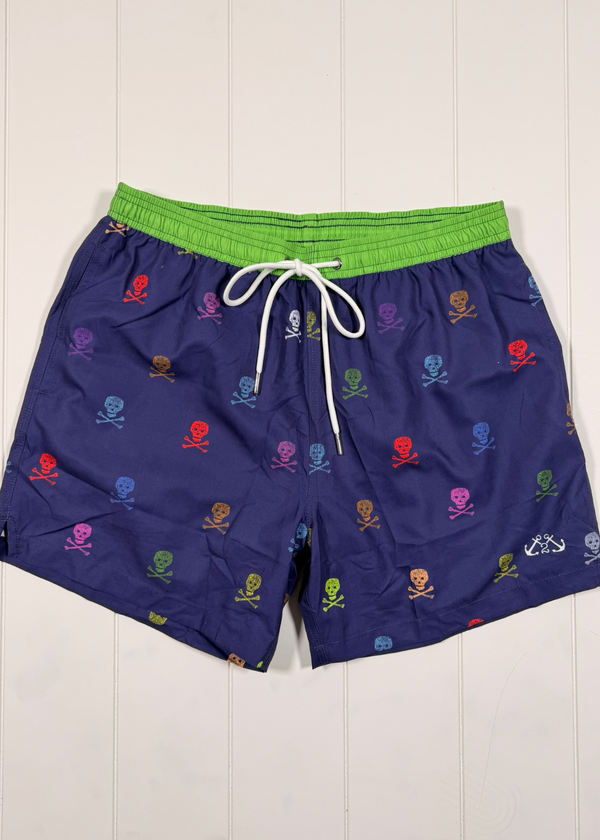 Blue swim shorts with colorful skull patterns on a white background