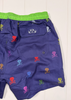 Blue shorts with colorful skull and crossbones pattern on a white background