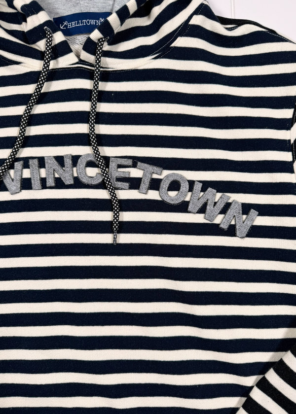 Navy and white striped hoodie with 'Vinetown' text on a plain background
