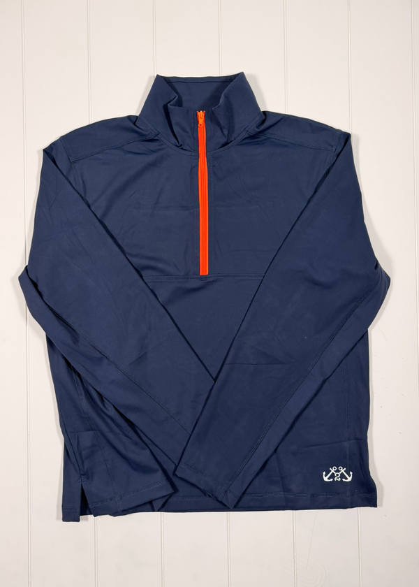 Navy long-sleeve shirt with orange zipper on a white background