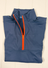 Blue sleeveless jacket with orange zipper on a white background