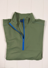 Green quarter-zip pullover with blue zipper on a white background
