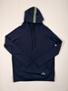 Navy blue hoodie with a green stripe on a white wooden surface