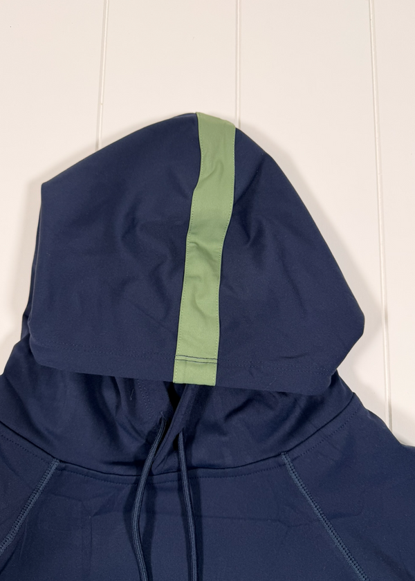 Navy blue hoodie with a green stripe on a white background