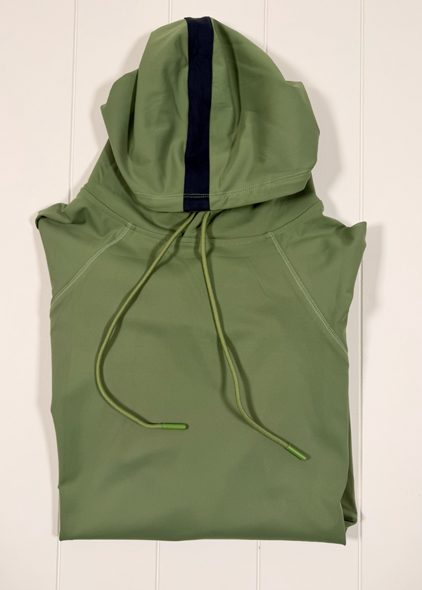 Green sleeveless hoodie with a hood on a white wooden surface