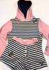 A children's two-piece loungewear set featuring a hooded long-sleeve top and matching shorts. The top has pink sleeves and hood lining, a navy and white horizontal stripe body, and embroidered swallow motifs.