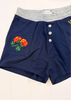 Navy blue shorts with a gray elastic waistband, featuring a three-button front closure, side pockets, and an embroidered orange rose on the left leg.