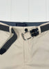 Beige pants with a navy belt featuring a silver buckle on a white background