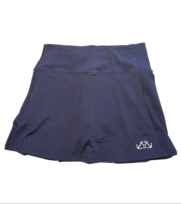 Navy blue skirt with a logo on a white background