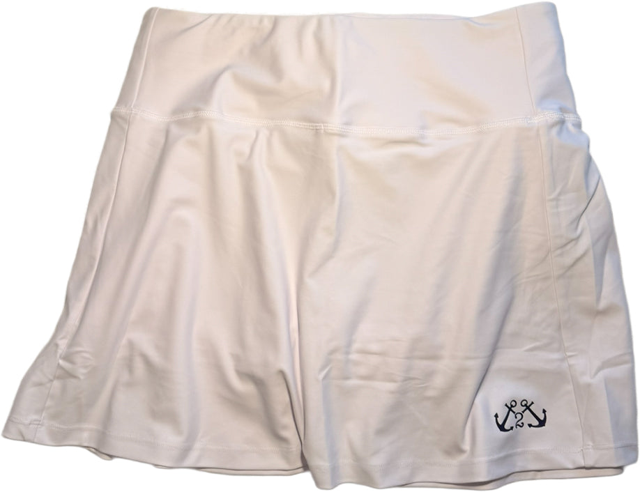 White athletic skirt with a small logo on a white background