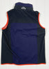 Navy and black sleeveless jacket with orange trim on a white background