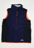 Navy blue vest with orange trim on a white wooden background