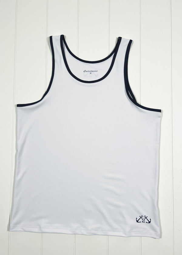White tank top with black trim on a white wooden background