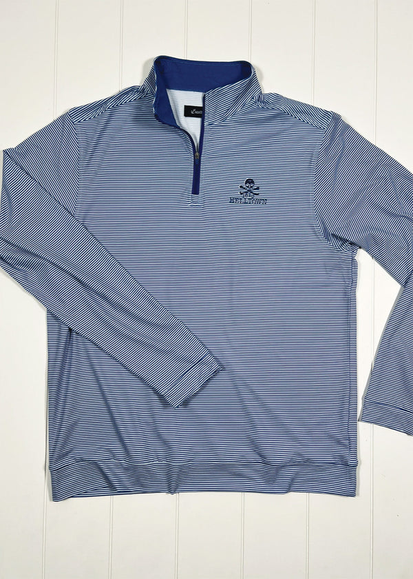 Blue striped long-sleeve shirt with a logo on a white background