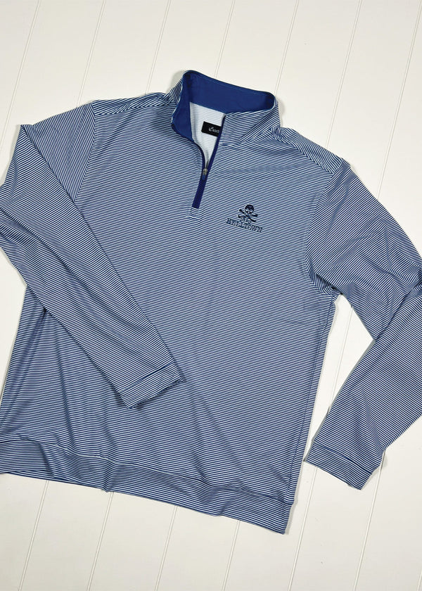 Blue striped long-sleeve shirt with a logo on a white background